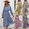 HOXIXIB Spring Summer Wrap Lace Up V Neck Women Dresses Floral Print Sexy Split Ruffle Big Pendulum Dress Vacation Boho Robe