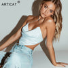 Articat Solid Satin Backless Tank Tops For Women Sexy Clubwear Crop Top Female Slim Bandage Bustier Short Casual Vest Ladies