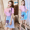 summer skirts twinsets women pink strip sequins tees top Blouses+ bear cartoon appliques ripped denim skirts suit NS638