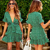 Women Short Sleeve Wrap Boho Floral Mini Dress Ladies Summer Sundress Holiday