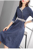 Azterumi Spring Autmn Women Denim Dress Women Elegant Three Quarter Sleeve Midi Dresses OL Work Wear A-line Waist Dress