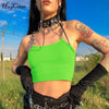 Hugcitar chains spaghetti straps neon green Canale patchwork sexy camis 2022 summer women club party streetwear female crop top