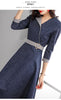 Azterumi Spring Autmn Women Denim Dress Women Elegant Three Quarter Sleeve Midi Dresses OL Work Wear A-line Waist Dress