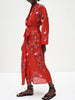 HWLZLTZHT Woman 2022 Vintage Print Red Long Summer Dress Women Belt Lapel Long Sleevele Robe Elegant Casual Ladies Dresses