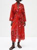 HWLZLTZHT Woman 2022 Vintage Print Red Long Summer Dress Women Belt Lapel Long Sleevele Robe Elegant Casual Ladies Dresses