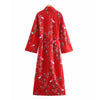 HWLZLTZHT Woman 2022 Vintage Print Red Long Summer Dress Women Belt Lapel Long Sleevele Robe Elegant Casual Ladies Dresses