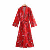 HWLZLTZHT Woman 2022 Vintage Print Red Long Summer Dress Women Belt Lapel Long Sleevele Robe Elegant Casual Ladies Dresses