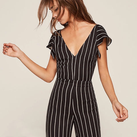 HYH   Color Black Striped Backless Romper OL V Neck Women Playsuit High Waist Elegant Wide Leg Ruffles Jumpsuits
