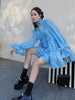 VGH Korean Patchwork Bowknot Dress For Women V Neck Long Sleeve Solid Casual Loose Mini Dresses Female 2023 Clothing New
