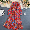 Retro Women Boho Dress 2023 Spring Autumn Long Sleeved Bow Pleated Dresses Ladies Elegant Floral Printed Long Robe Vestidos