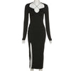 Y-L 2023 Fall Women's Black Color Tight Dresses Sexy Hollow Out Side Split Long Sleeve Bodycon Maxi Dress Party Club Streetwear