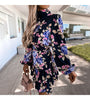 Southpire Navy Floral Print Loose Style Mini Dress Women Long Sleeve High Neck Party Dress Ladies Day Casual Clothes Spring 2023