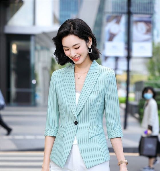 Half Sleeve Elegant Striped Spring Summer Blazers Jackets Coat for Women Formal Uniform Designs Business Work Wear Suits Blazers