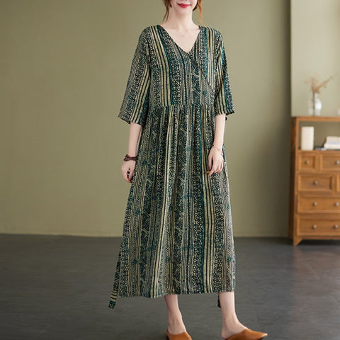 Half Sleeve Thin Soft Cotton Linen Loose Cozy Summer Dress Print striped Slim Waist Vintage Dress Women Casual Midi Dress