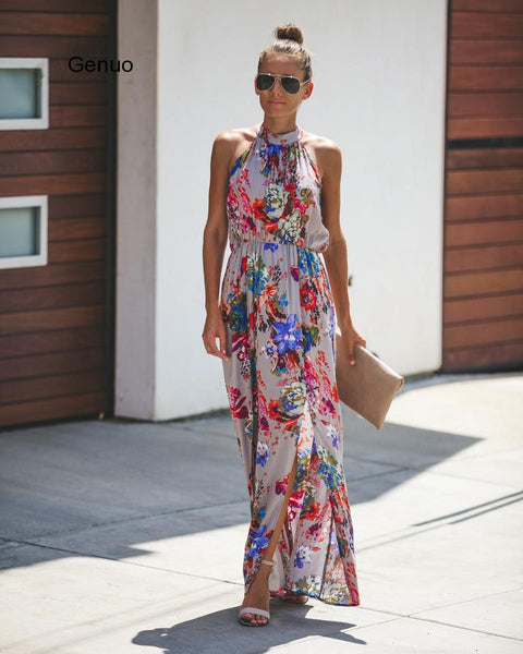 Halter Style Casual Loose Female Summer Floral Dress Boho Long Maxi Holiday Party Sleeveless Dress Clothes