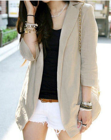 2022 Summer Women Natural Linen Fabric Blazer Slim Thin 3 Quarter Sleeve Cardigan Suit Tops Beige/White S/M/L/XL/XXL