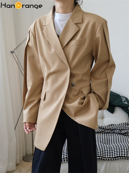 HanOrange 2023 Autumn Oblique Placket Lapel Suit Jacket Wool Women Wide Loose Blazer Coat Female Black/Light Brown