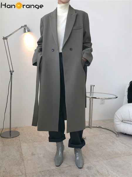 HanOrange 2023 Autumn Heavy Temperament X-long Suit Jacket Women Loose Blazer Female Black/Grey Bean Green