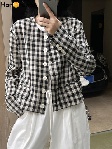 HanOrange 2023 Early Autumn Retro Literary Style Linen Plaid Suit Jacket Women Loose Profile High Waist Short Blazer Female