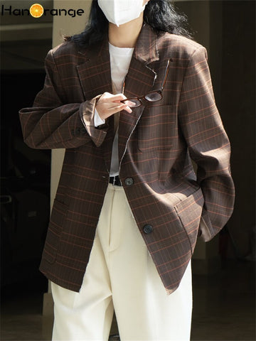 HanOrange 2023 Spring Autumn Vintage Plaid Silhouette Suit Coat Women Loose Raw Edges Frayed Casual Jacket Top Female