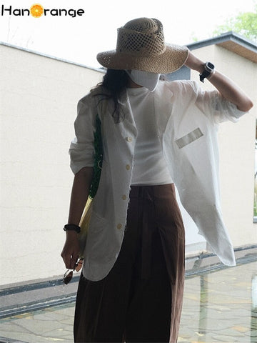 HanOrange 2023 Summer Fashionable Raw Edge Simple Silhouette Casual Blazer Women Loose Thin Light Sun Protection Jacket Female