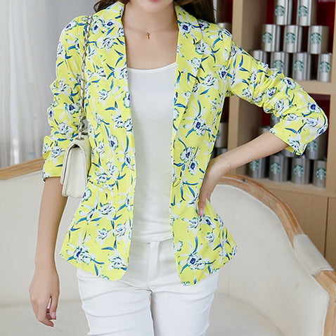 One Button Notched Pocket Flower Print Long Sleeve Slim Summer Women Blazer Jacket Yellow