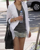 Plus Size Summer Three Quarter Sleeve Thin Pocket Long Female Linen Blazer Jacket White/Dark Blue/Rose/Green