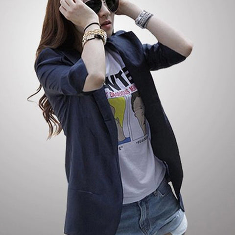Plus Size Summer Three Quarter Sleeve Thin Pocket Long Female Linen Blazer Jacket White/Dark Blue/Rose/Green