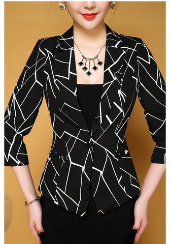 Print Geometric 3 Quarter Sleeve Single Button Spring Autumn 2022 Women Blazer Jacket White/Black