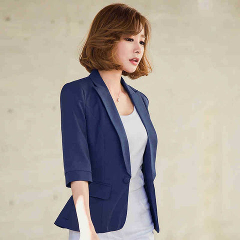 Slim 3 Quarter Sleeve Single Button Pocket  Women Blazer Jacket White/Dark Blue/Sky Blue S-3XL Plus Size