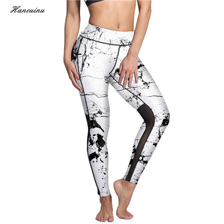 New Women Mesh Patchwork Fitness Leggings Marble Texture Ink Print Quick Dry Breathable Leggins Womens Tyat Sportswear