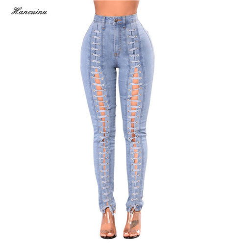 Womens Autumn Sexy Lace Up Hollow Out Denim Jeans Plus Size Hip Widen Jeans Female Slim Stretch Skinny Pencil Pants