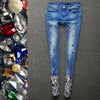 Hand Sewing Rhinestones Diamond Denim Jeans Women Crop Jeans Legging Lady Capris Hole Skinny High Stretch Pencil Pants