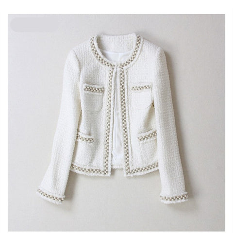 Handmade 2022 Runway Designer Luxury Fashion Blazer Suits O Neck Hidden Breasted White Wo Beading Tweed Short Coat Blazer
