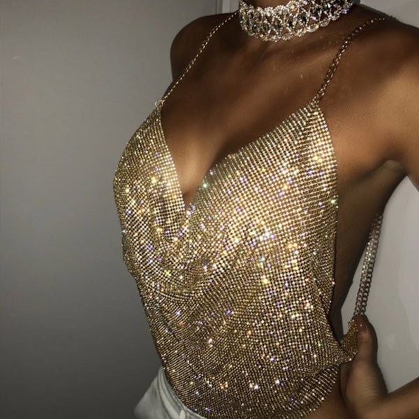 Handmade Shiny Rhinestones Crop Top Backless Summer Beach Chic Party Bralette Cropped Sexy Women Tank Top