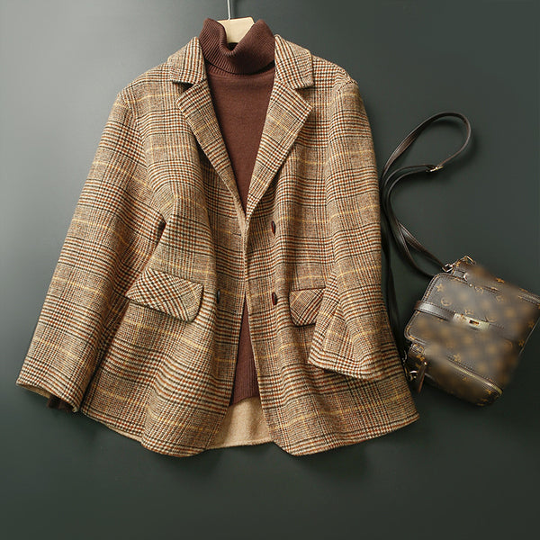 Handmade Women Wool Blazer 90%Wool Plaid Office Lady Blazer 2023 Autumn Winter Two Pocket Jacket Wool Coat Female K631