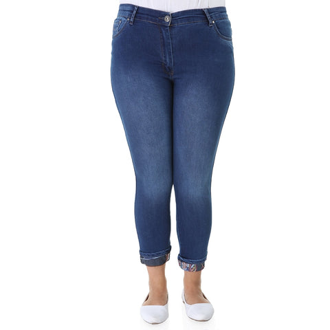 Hanezza Plus Size Women 2022 Summer Clothing Embroidered Cuff High Rise Full-Lenght Elegant Softener Denim Trousers + 2XL - 7XL + Large Sizem Highly Seasonal Chic Jeans + 44 - 54 EU Casual Wear Female Dark Blue
