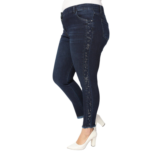 Hanezza Plus Size Women 2022 Summer Clothing Embroidered High Rise Skinny Ankle-Length Elegant Cotton Lycra Denim Trousers + 2XL - 7XL + Large Highly Seasonal Chic Jeans + 44 - 54 EU Streetwear Female Dark Blue