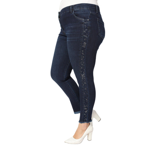 Hanezza Plus Size Women 2022 Summer Clothing Embroidered High Rise Skinny Ankle-Length Elegant Cotton Lycra Denim Trousers + 2XL - 7XL + Large Highly Seasonal Chic Jeans + 44 - 54 EU Streetwear Female Dark Blue