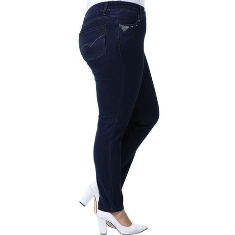 Hanezza Plus Size Women 2022 Summer Clothing Stone And Bead Pocket Detailed High Rise Skinny Elegant Denim Trousers 2XL - 7XL Large Size Highly Seasonal Chic Jeans 44 - 54 EU Casual Wear Female Dark Blue, Blue