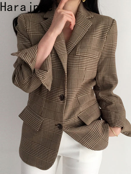 Harajpee Retro British Style Contrast Color Plaid Suit Women Autumn Loose All-Match Single-Breasted Double-Pocket Long-Sleeved