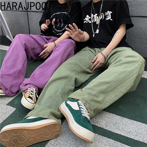 Harajpoo Couple Pant 2022 Spring Autumn Korean INS Trendy Hip-Hop High Street Loose Straight Widespread Casual Solid Color Jeans