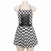 Harajuka Checkerboard Pattern Women Dresses High Street Sexy Backless Punk Sleeveless Chain Straps Dress Summer Fashion
