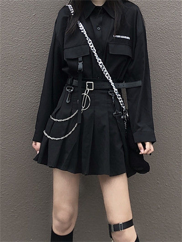Harajuku E Girl Black Y2k Sets Women Goth Solid Long Sleeve Shirt with Punk Style Pleated Mini Skirts Female Gothic Casual Suits