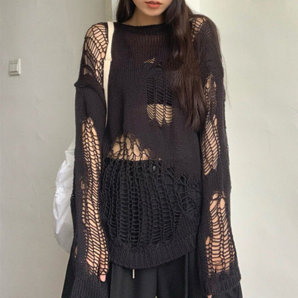 Harajuku Gothic Oversized Knitted Sweater Hollow Out Hole See Through Pullovers Emo Sweaters Streetwear Grunge Clothes Y2k Tops