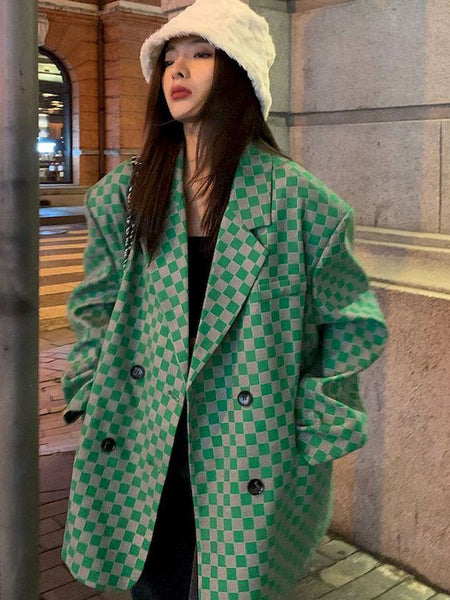 Harajuku Green Plaid Suit Jacket Women's Spring and Autumn 2023 Korean Style Temperament High-end Loose Casual Suit