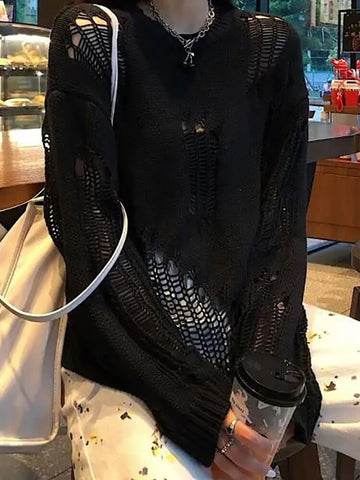 Harajuku Hole Sweaters Hollow Out Broken Knitted Jumper Gothic Punk Sweaters Women Streetwear Woman Pullover Black White Sweater