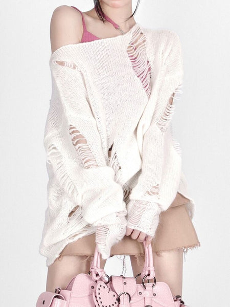 Harajuku Hollowed Out Sweater Women Streetwear Y2k Grunge Ripped Hole Long Sleeve Loose Knit Sweater Harajuku Pullovers