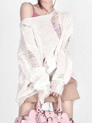 Harajuku Hollowed Out Sweater Women Streetwear Y2k Grunge Ripped Hole Long Sleeve Loose Knit Sweater Harajuku Pullovers
