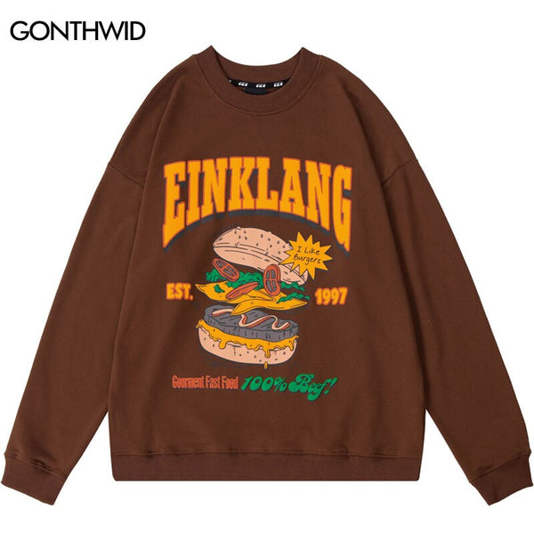 Harajuku Hoodie Sweatshirt Streetwear Hip Hop Hamburger Print Pullover Harajuku Crewneck Casual Cotton Loose Tops Couple